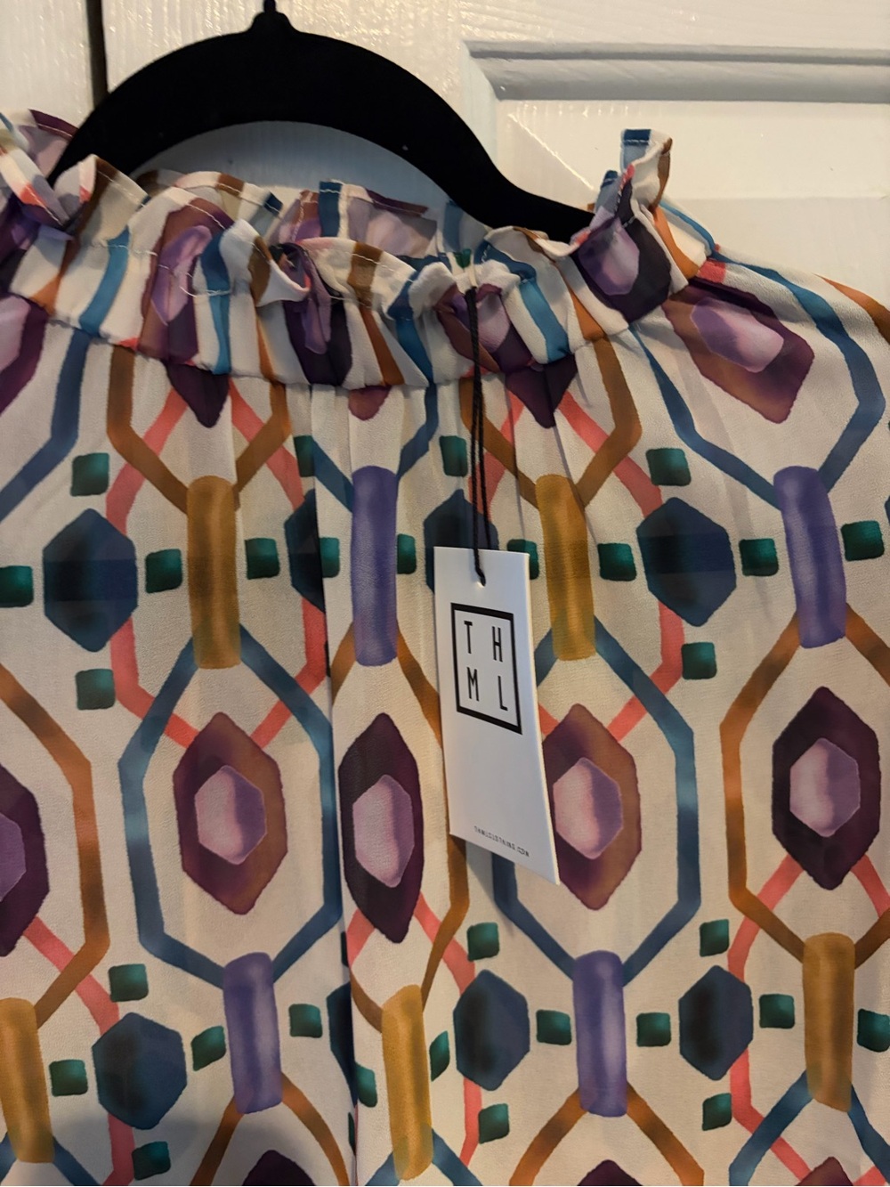 THML Geometric Ruffle Neck Blouse - Purple, Gold, Teal - Picture 2 of 7